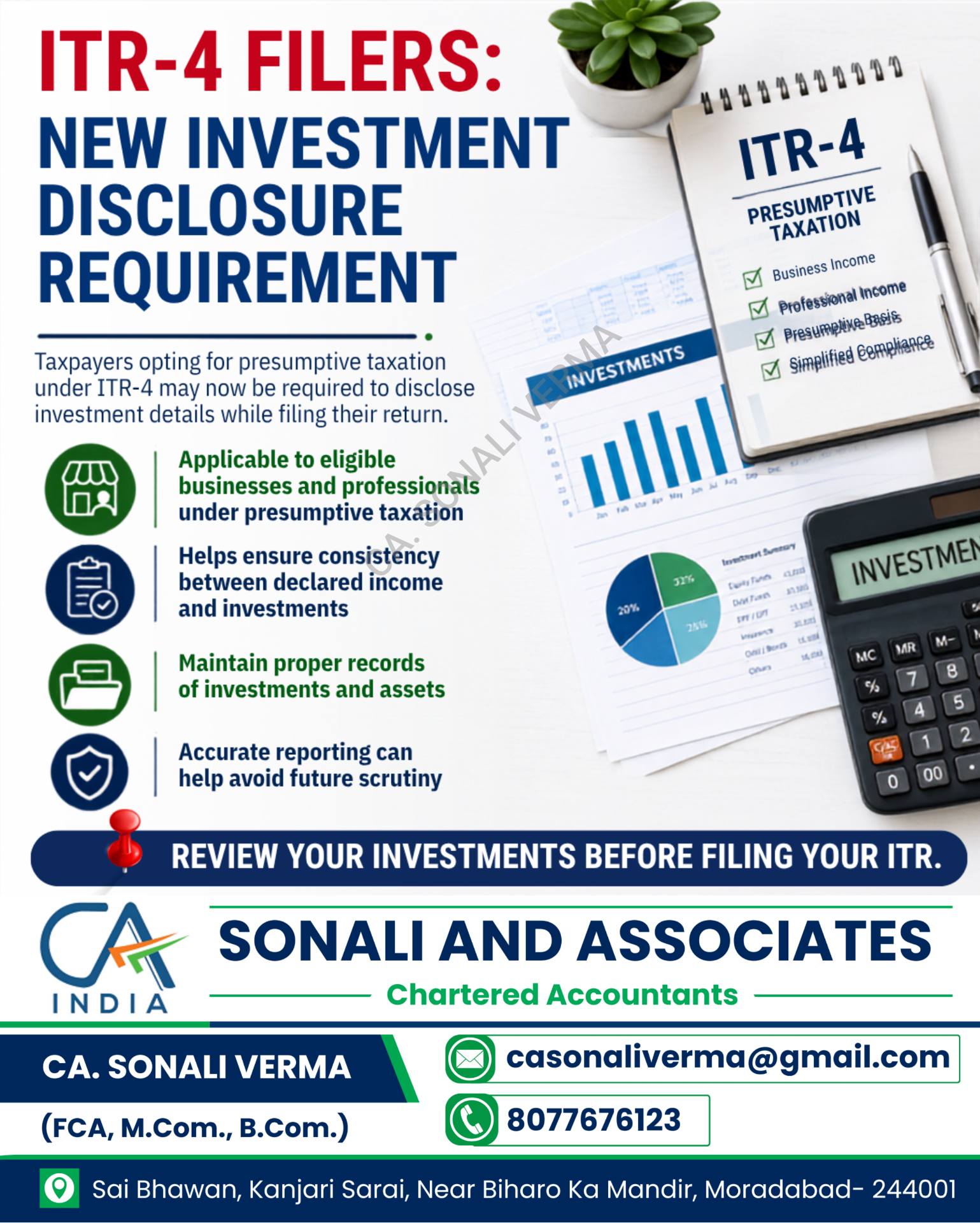 New ITR-4 investment disclosure requirement infographic by Sonali & Associates